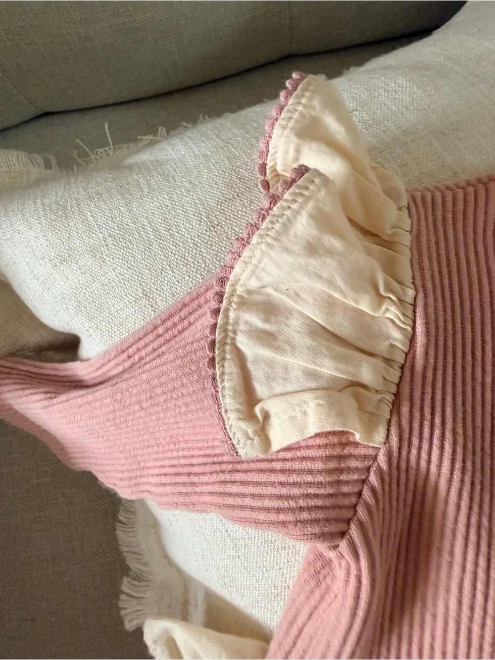 Pink Ribbed Ruffle Baby One-Piece with Cream Skirt & Bonnet